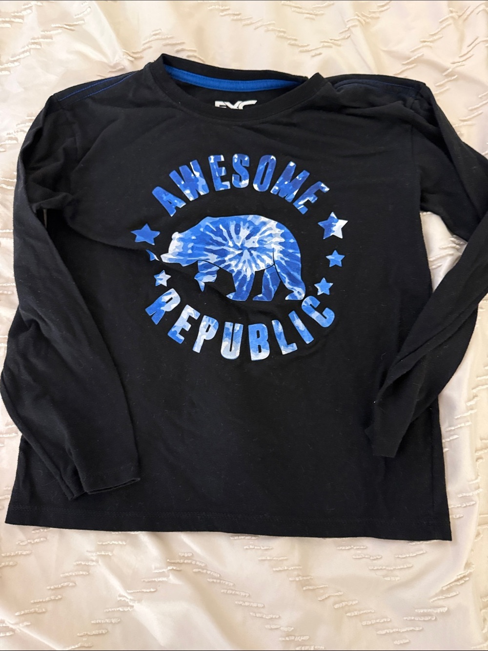 Boys’ Awesome Republic Black Long Sleeve Tee with Blue Tie-Dye Graphic